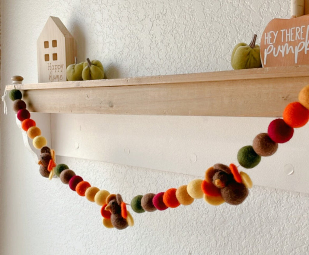 Turkey Felt Ball Garland: Handmade Thanksgiving Fall Decor