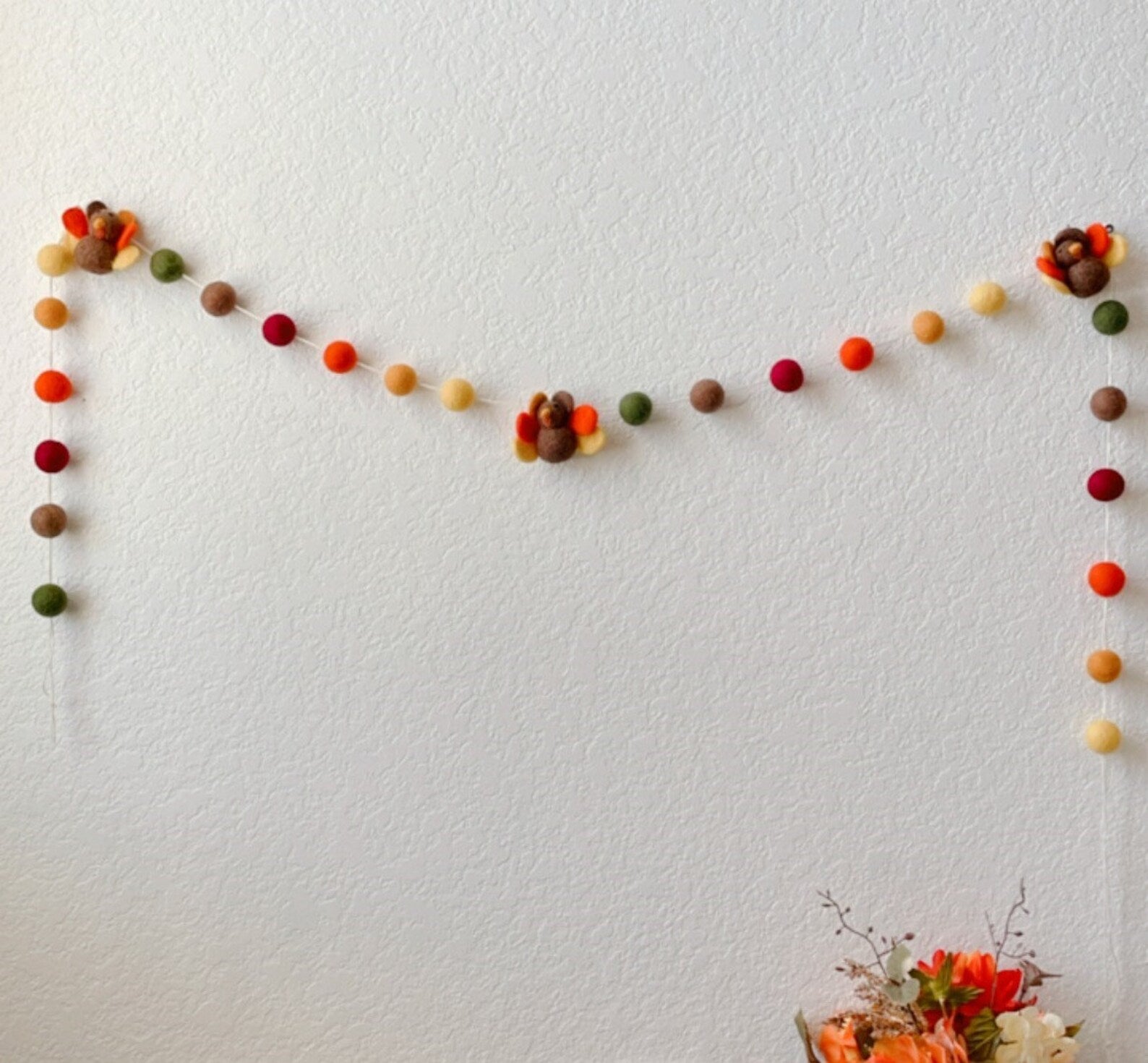 Turkey Felt Ball Garland: Handmade Thanksgiving Fall Decor