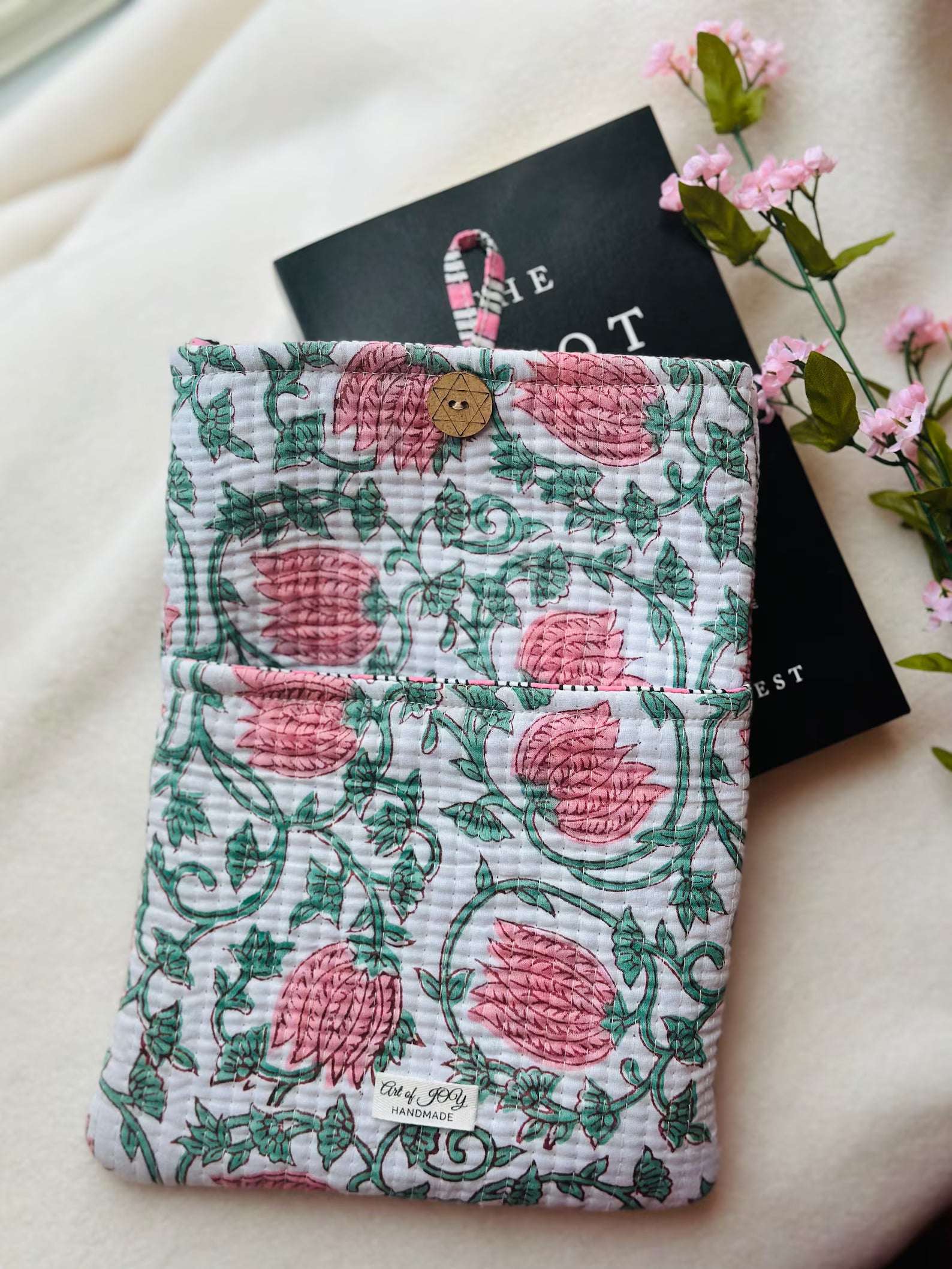 Hand-Block Printed Book Sleeve: Quilted Cotton Kindle Cover