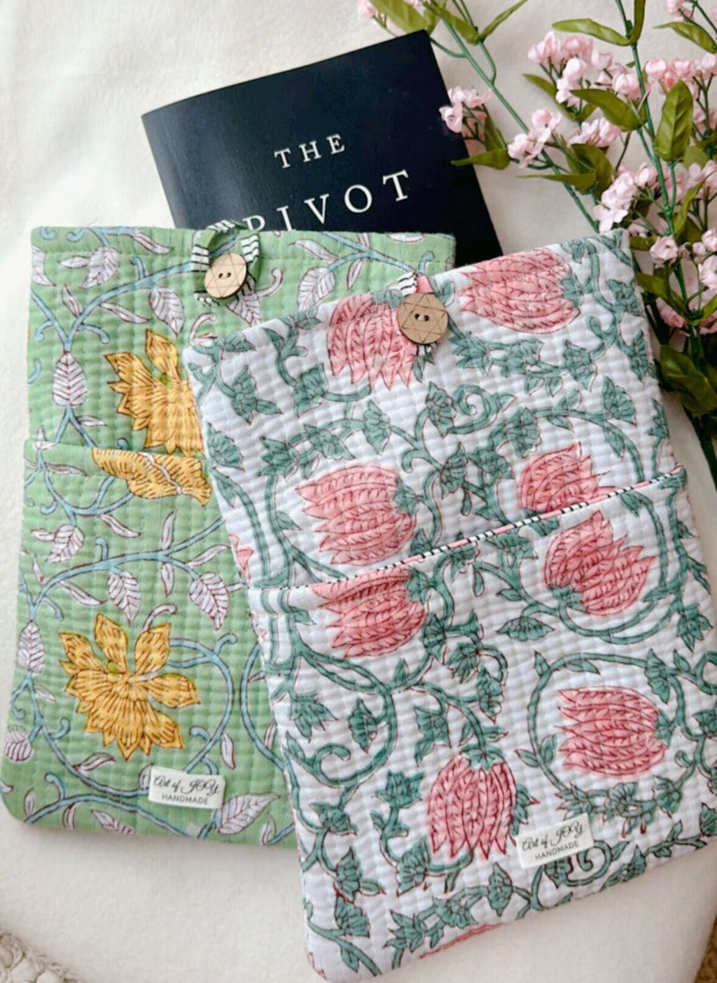 Hand-Block Printed Book Sleeve: Quilted Cotton Kindle Cover
