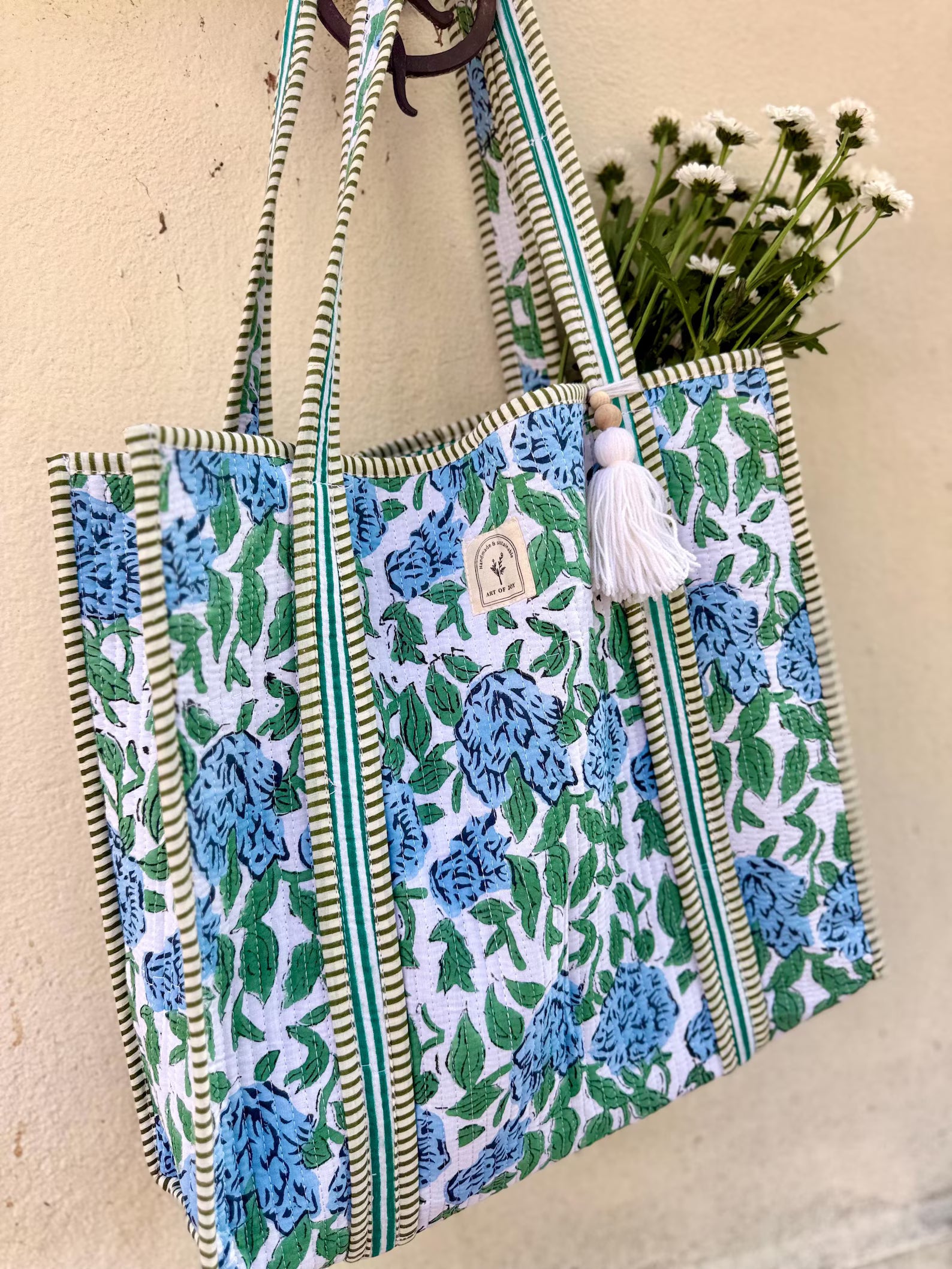 Hand Block Printed Cotton Quilted Tote Bag, Boho Floral Shopping and Beach Bag, Travel and Shoulder Tote, Bridal/Women Gifts, Sustainable