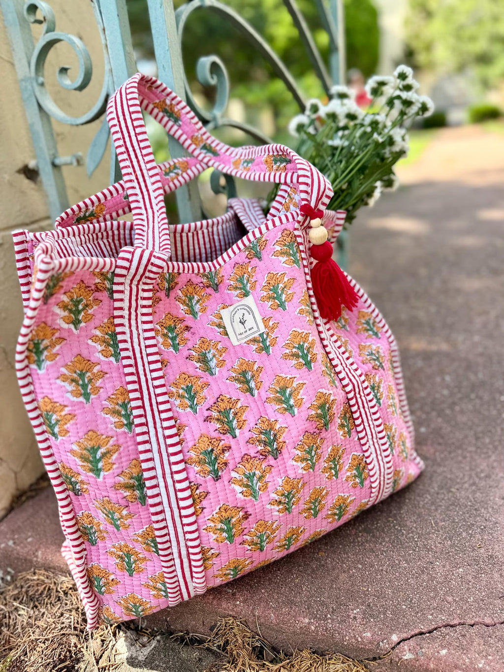 Hand Block Printed Cotton Quilted Tote Bag, Boho Floral Shopping and Beach Bag, Travel and Shoulder Tote, Bridal/Women Gifts, Sustainable