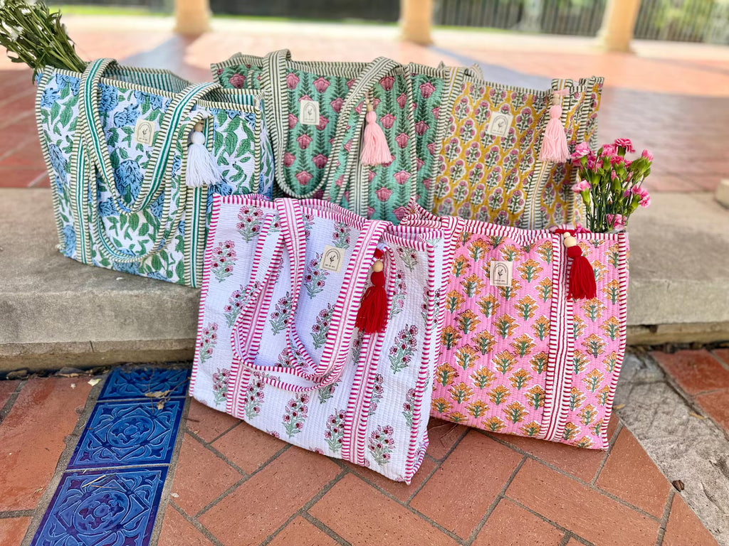 Hand Block Printed Cotton Quilted Tote Bag, Boho Floral Shopping and Beach Bag, Travel and Shoulder Tote, Bridal/Women Gifts, Sustainable