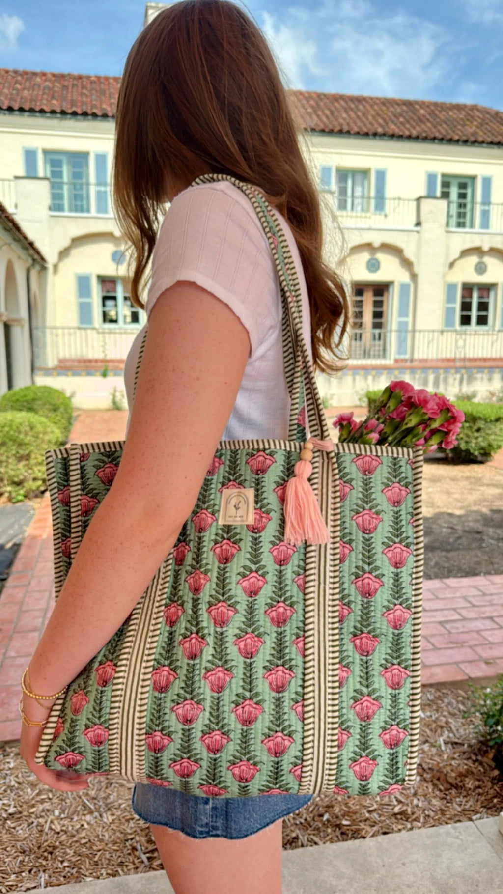 Hand Block Printed Cotton Quilted Tote Bag, Boho Floral Shopping and Beach Bag, Travel and Shoulder Tote, Bridal/Women Gifts, Sustainable
