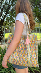 Hand Block Printed Cotton Quilted Tote Bag, Boho Floral Shopping and Beach Bag, Travel and Shoulder Tote, Bridal/Women Gifts, Sustainable