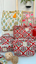 Hand Block Printed Cotton Quilted Bag Set: Tote bag, Purse, Vanity Pouch & Scrunchie I Holiday Gift Set | Bridemaids Gifts | Birthday Gift