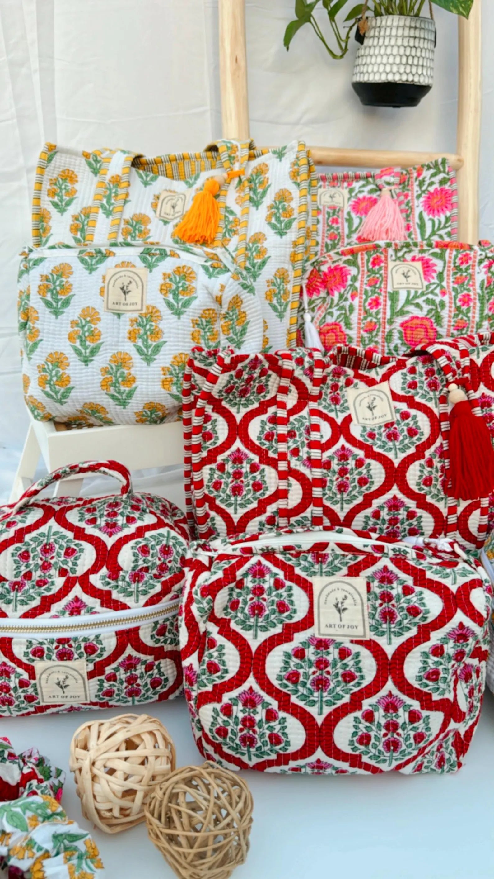 Hand Block Printed Cotton Quilted Bag Set: Tote bag, Purse, Vanity Pouch & Scrunchie I Holiday Gift Set | Bridemaids Gifts | Birthday Gift