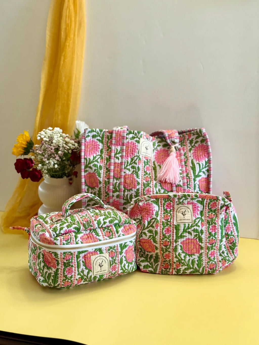 Hand Block Printed Cotton Quilted Bag Set: Tote bag, Purse, Vanity Pouch & Scrunchie I Holiday Gift Set | Bridemaids Gifts | Birthday Gift