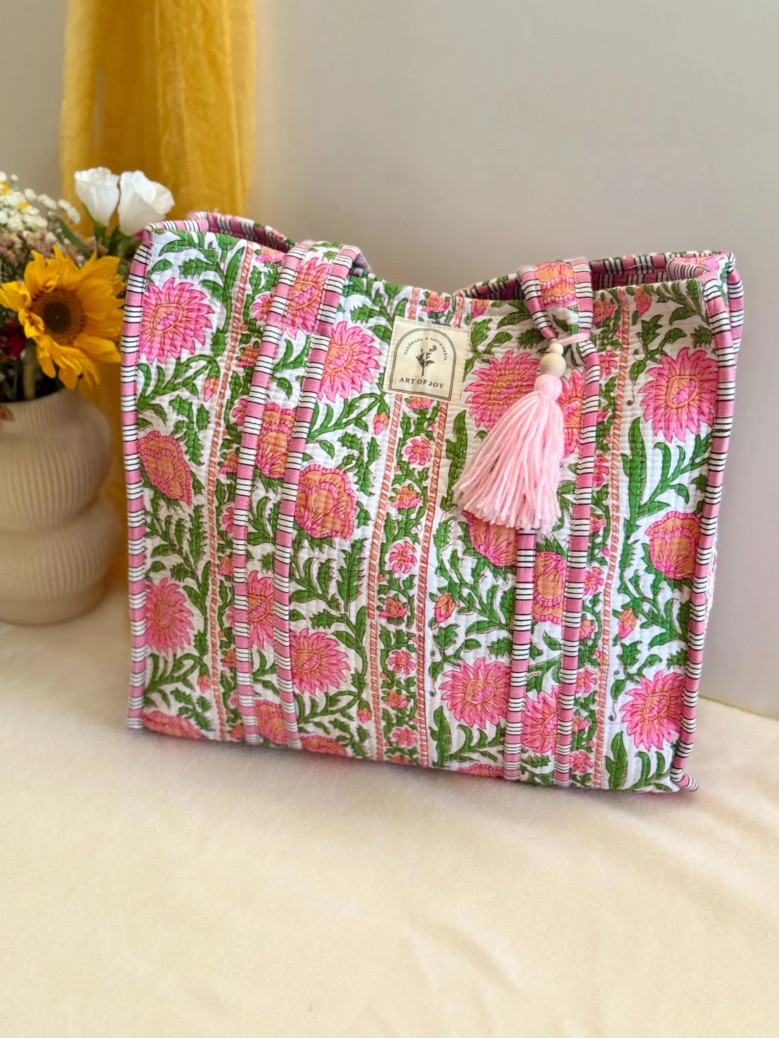 Hand Block Printed Cotton Quilted Bag Set: Tote bag, Purse, Vanity Pouch & Scrunchie I Holiday Gift Set | Bridemaids Gifts | Birthday Gift