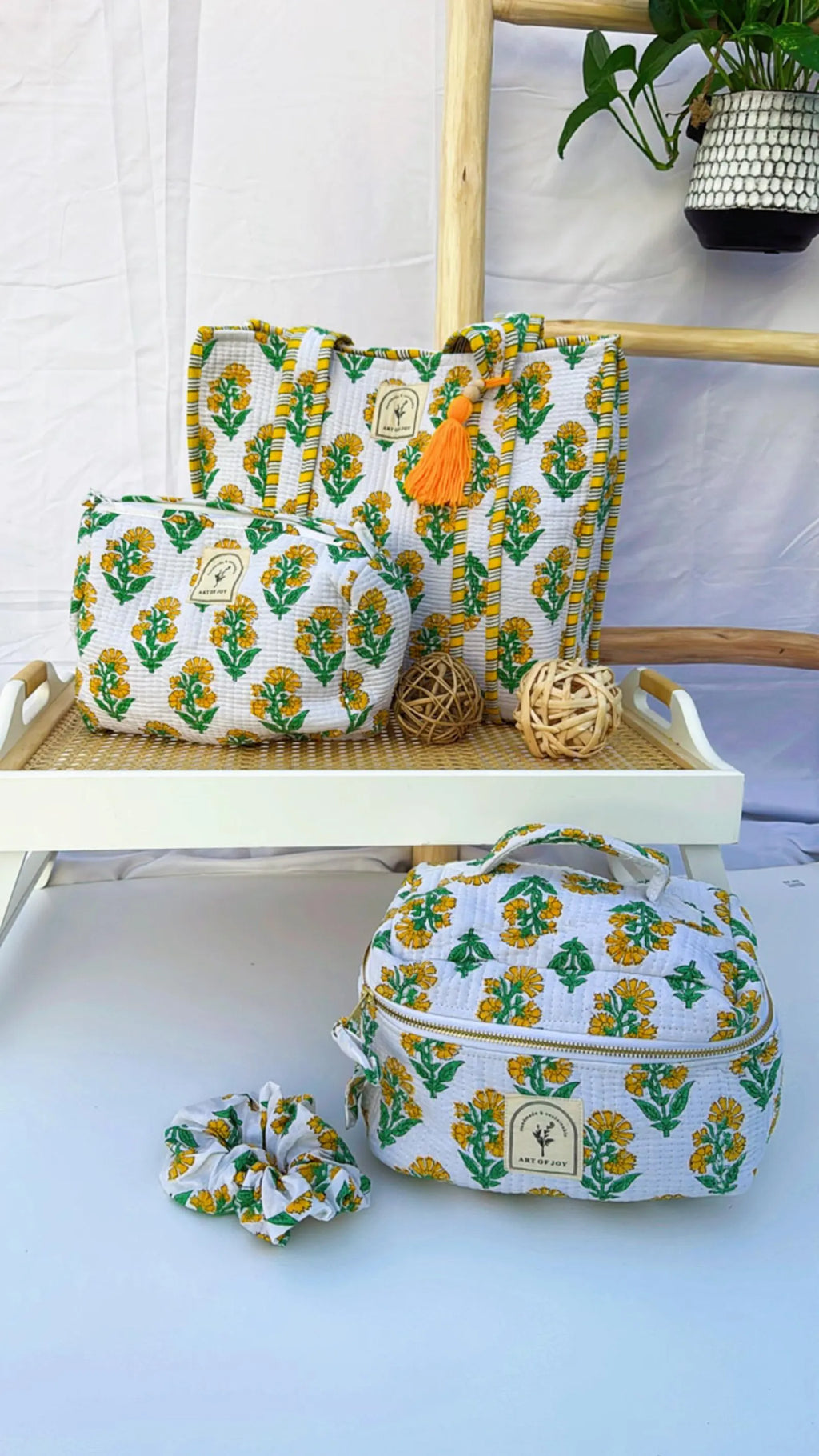 Hand Block Printed Cotton Quilted Bag Set: Tote bag, Purse, Vanity Pouch & Scrunchie I Holiday Gift Set | Bridemaids Gifts | Birthday Gift