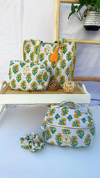 Hand Block Printed Cotton Quilted Bag Set: Tote bag, Purse, Vanity Pouch & Scrunchie I Holiday Gift Set | Bridemaids Gifts | Birthday Gift
