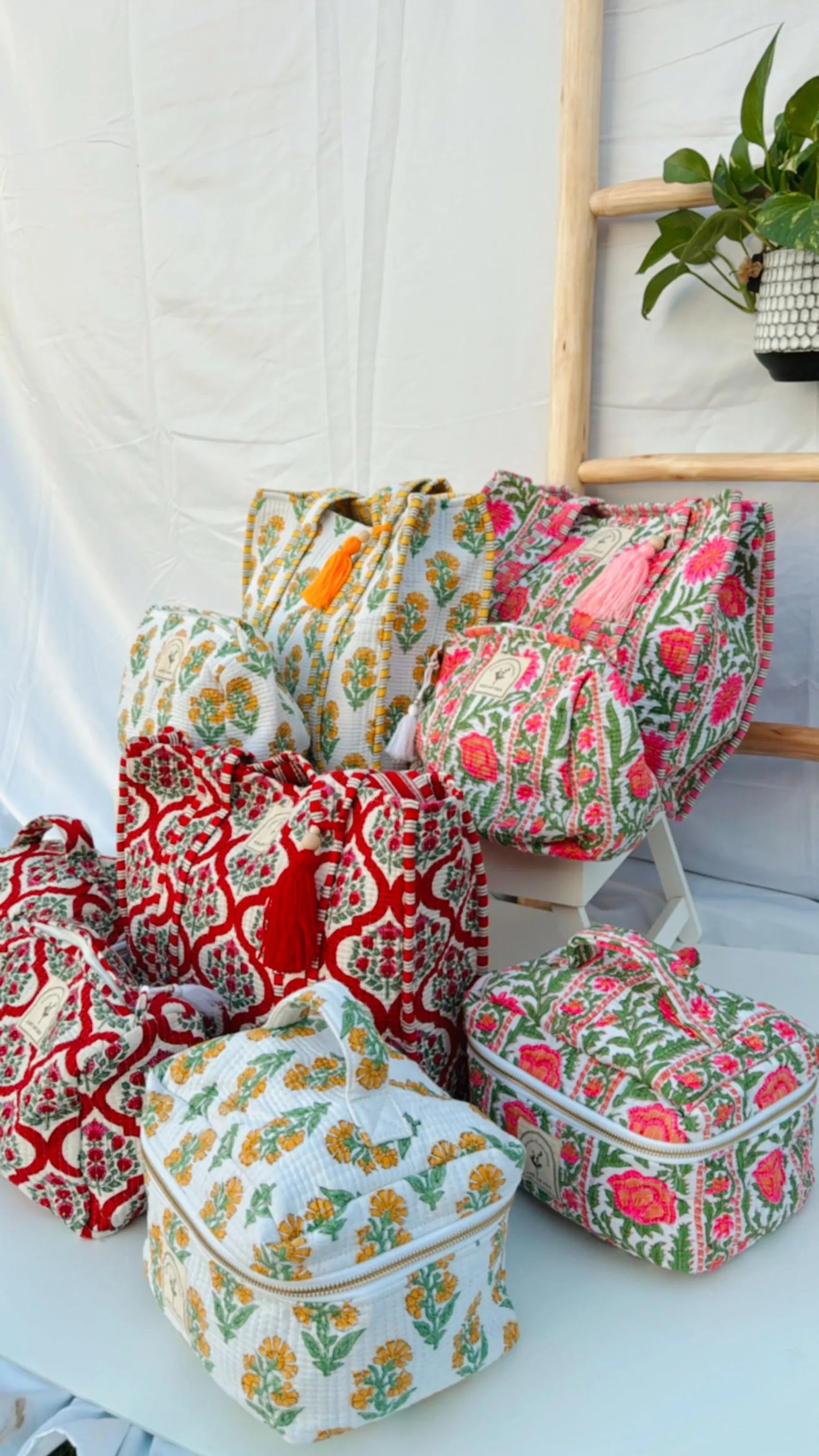 Hand Block Printed Cotton Quilted Bag Set: Tote bag, Purse, Vanity Pouch & Scrunchie I Holiday Gift Set | Bridemaids Gifts | Birthday Gift