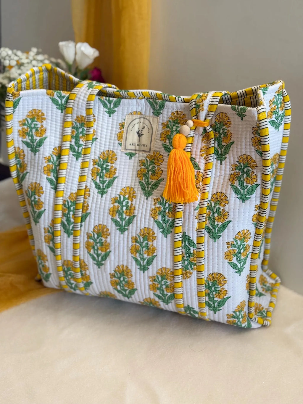 Hand Block Printed Cotton Quilted Bag Set: Tote bag, Purse, Vanity Pouch & Scrunchie I Holiday Gift Set | Bridemaids Gifts | Birthday Gift