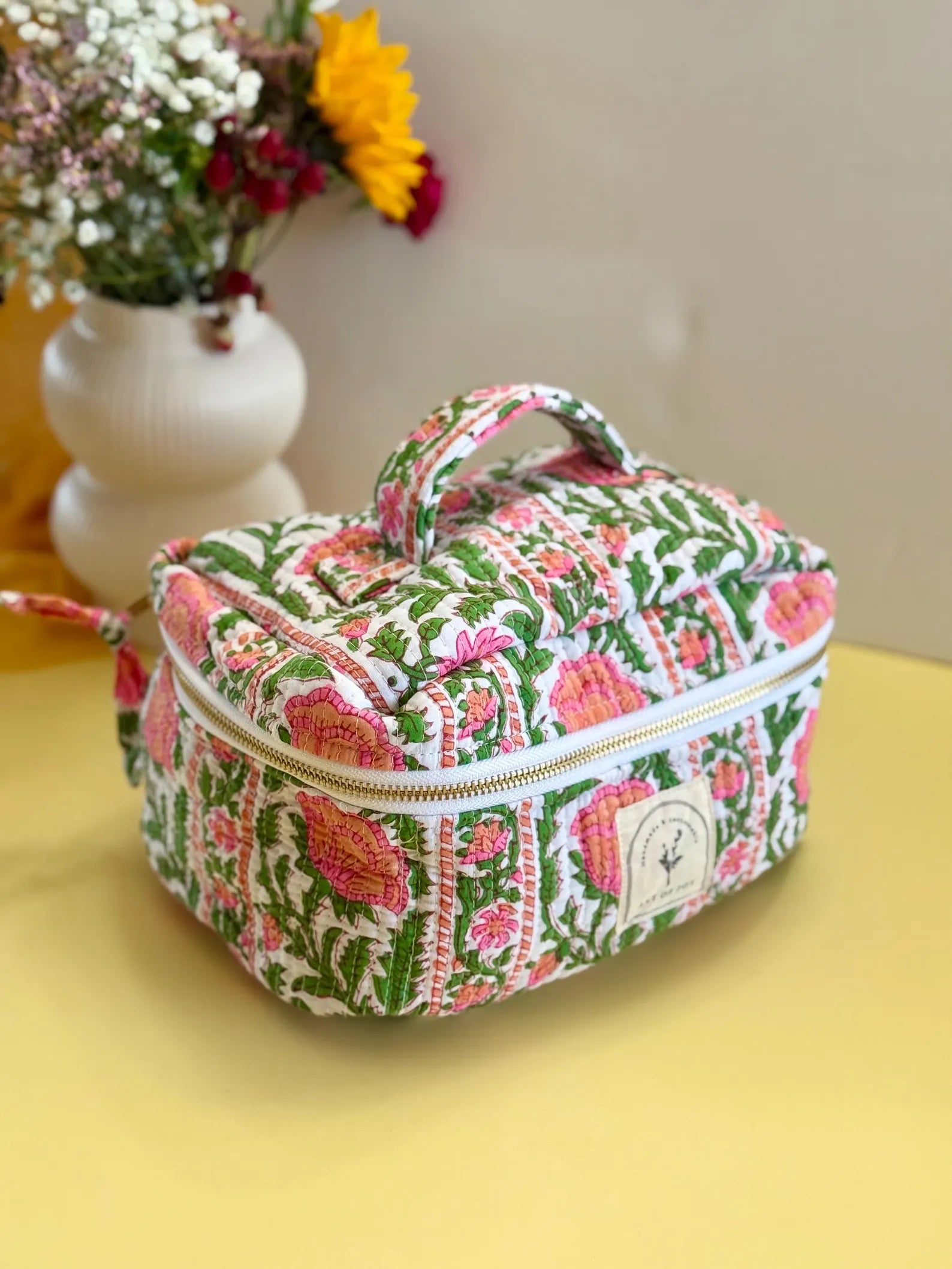 Hand Block Printed Cotton Quilted Bag Set: Tote bag, Purse, Vanity Pouch & Scrunchie I Holiday Gift Set | Bridemaids Gifts | Birthday Gift