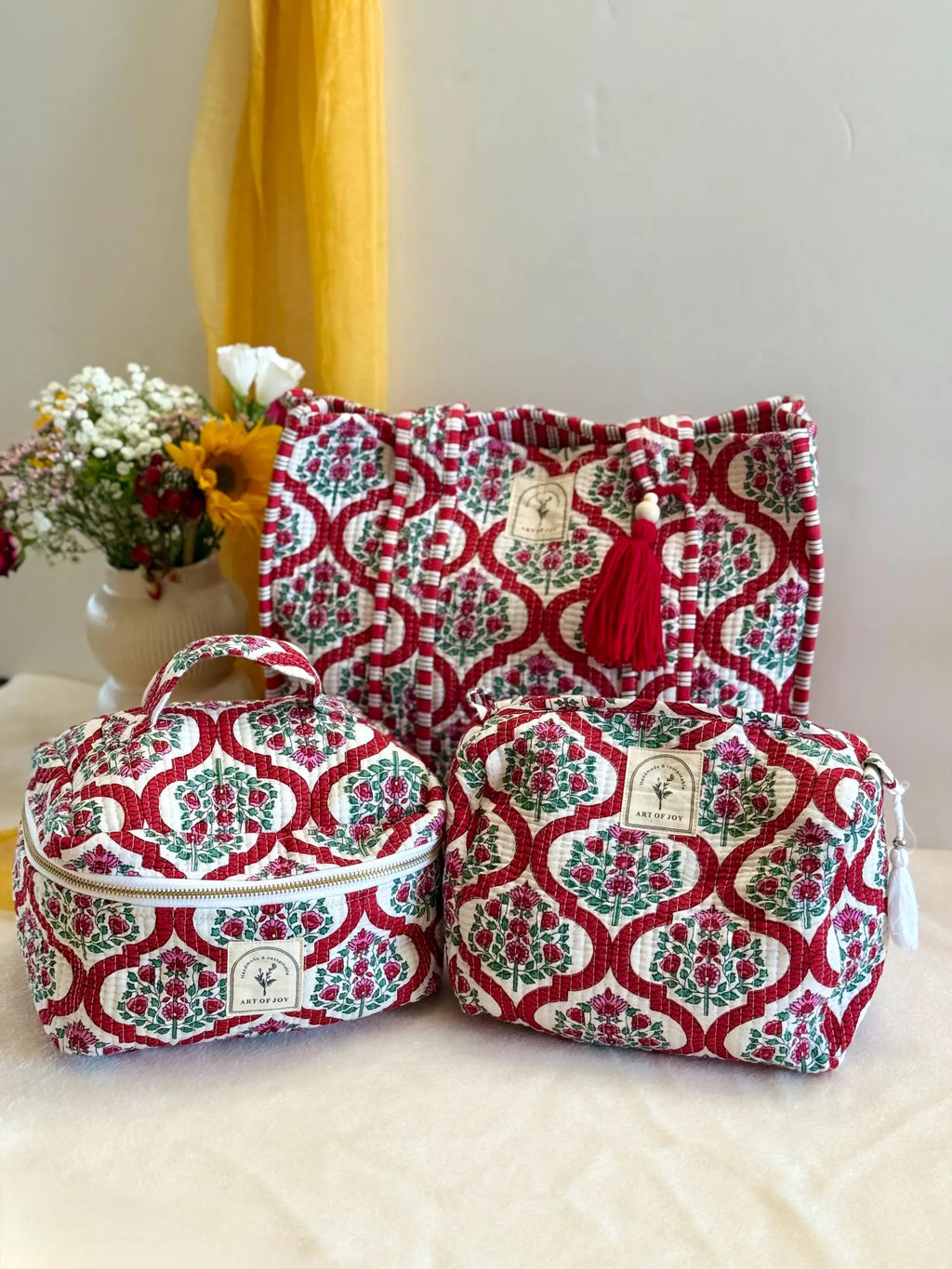 Hand Block Printed Cotton Quilted Bag Set: Tote bag, Purse, Vanity Pouch & Scrunchie I Holiday Gift Set | Bridemaids Gifts | Birthday Gift