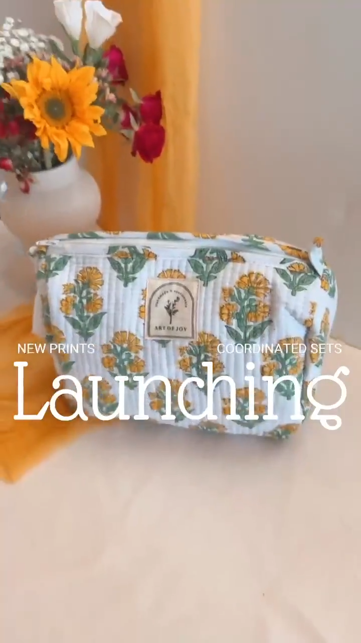 Hand Block Printed Cotton Quilted Bag Set: Tote bag, Purse, Vanity Pouch & Scrunchie I Holiday Gift Set | Bridemaids Gifts | Birthday Gift